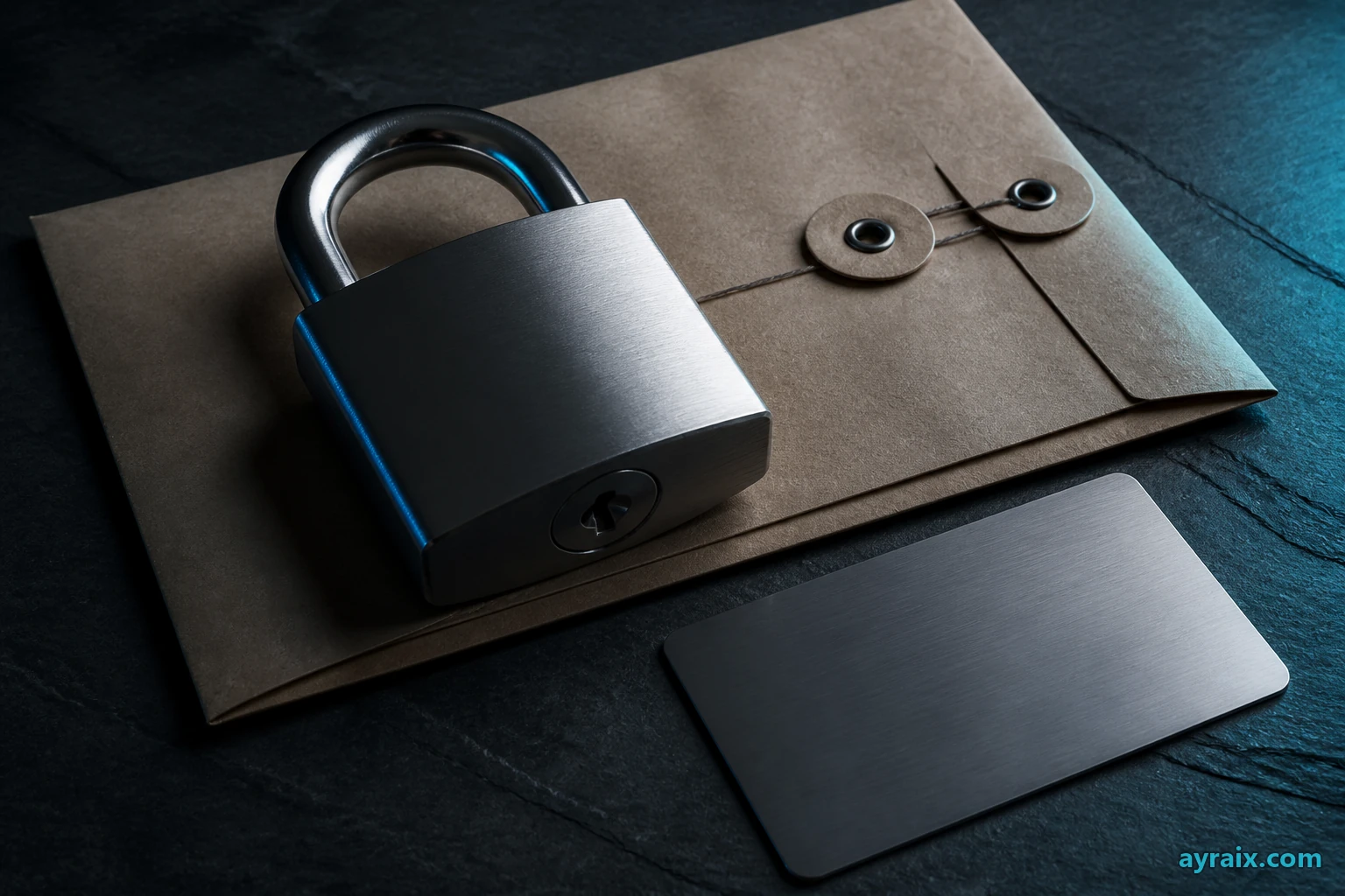 Brushed steel padlock on sealed envelope and blank keycard on slate desk