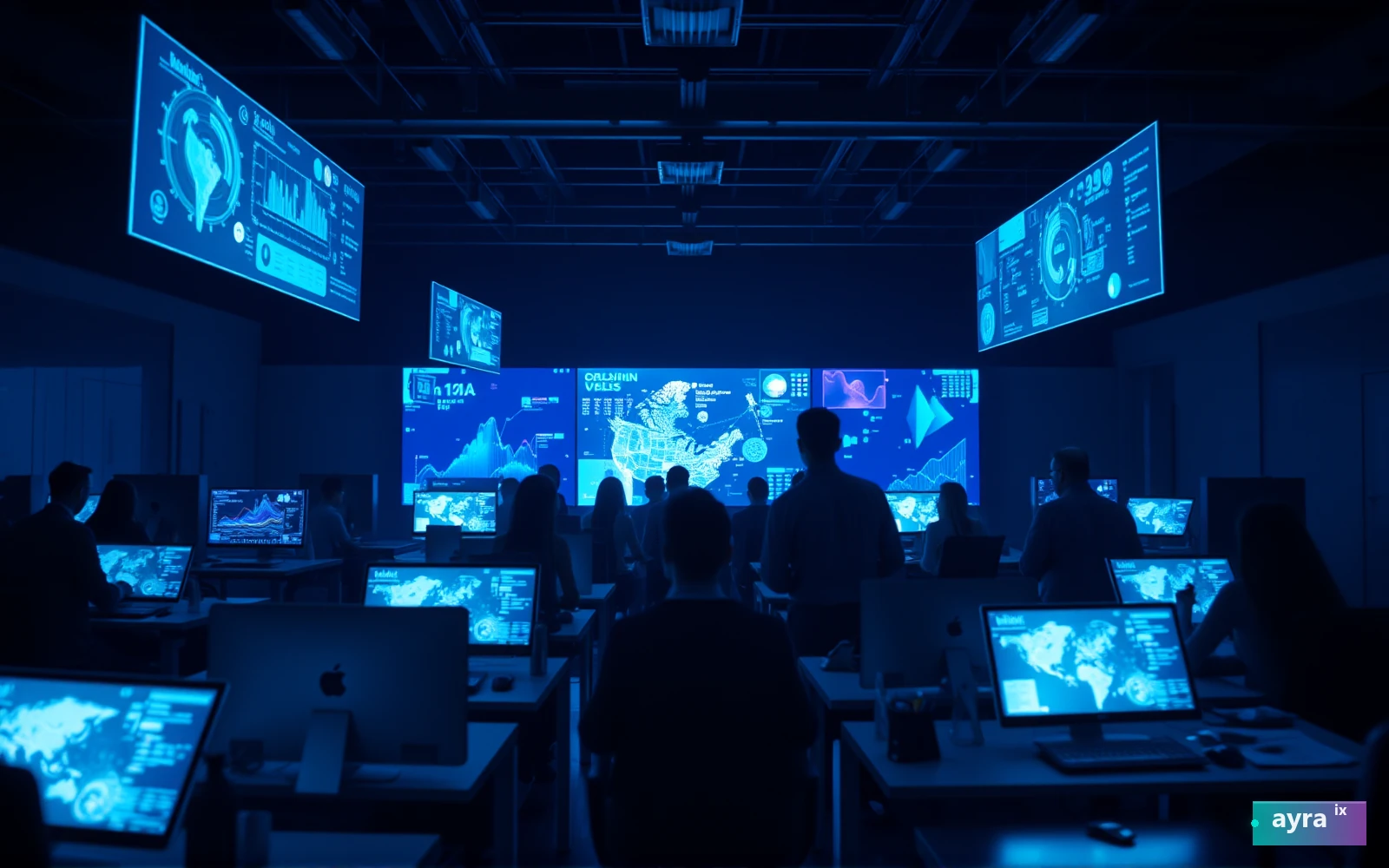 Silhouetted team collaborating in a data-lit control room of glowing screens