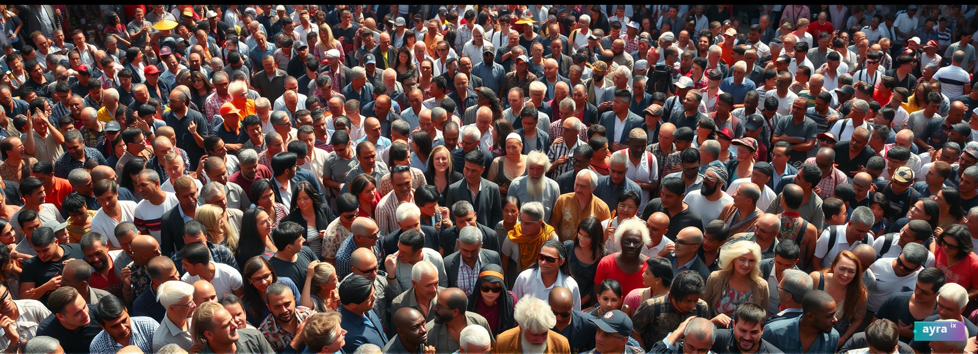 Massive diverse crowd of hundreds of people of every age and background gathered in bright daylight
