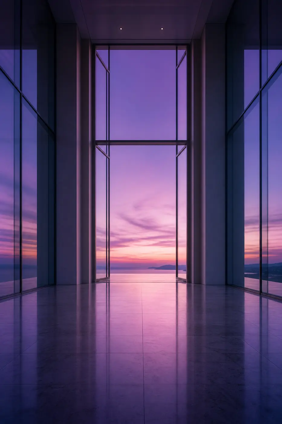 Glass corridor doorway opening to lilac dusk — an invitation in