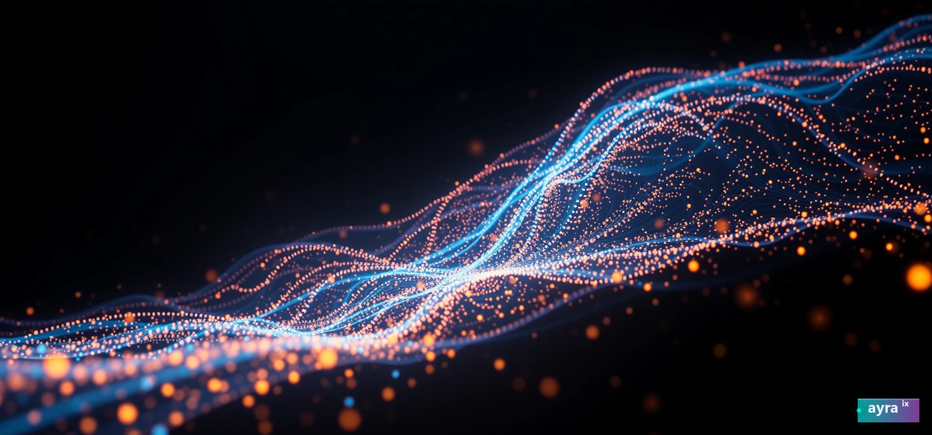 Flowing stream of indigo and amber data particles converging into a luminous core