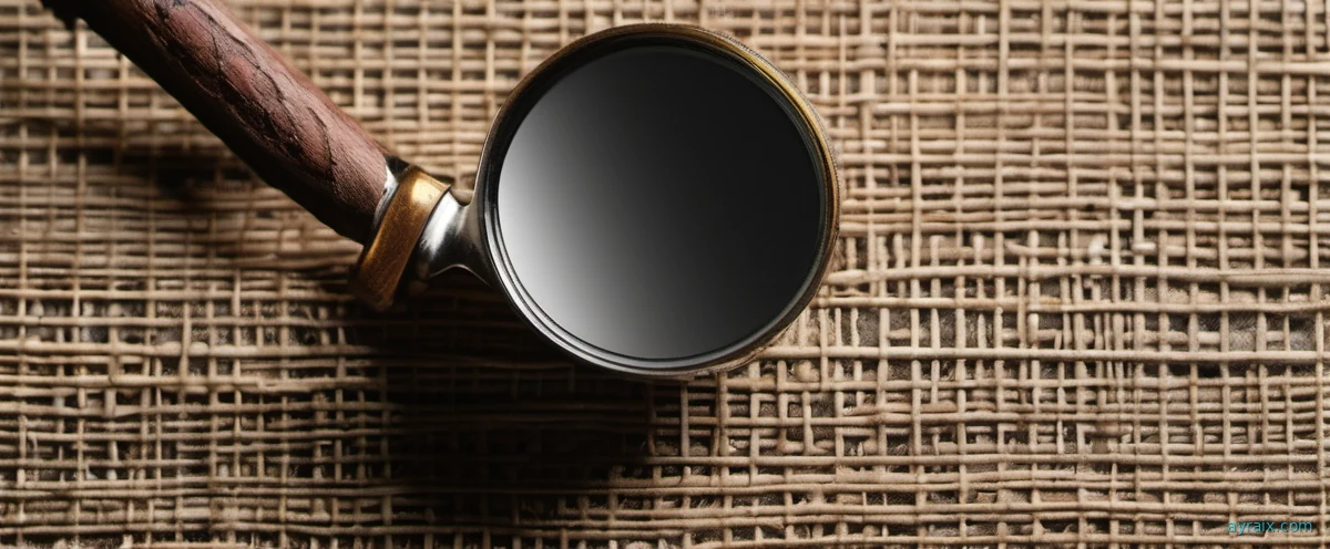 Magnifying glass held over an architectural blueprint drawing on a wooden desk. Blueprint lines visible through the lens. Warm desk lamp lighting. Macro editorial photograph.