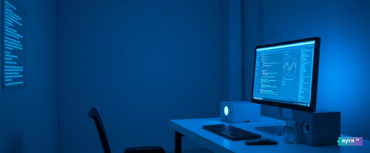 Clean single terminal workstation. Simple isolated pipeline: INPUT -> AGENT -> OUTPUT. No other terminals, no connections. Cool blue glow, minimal, editorial tech illustration, no people.