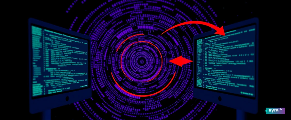 Two terminal screens facing each other. Left screen output feeds into right screen input. Right screen output feeds back into left screen input. Red spiral arrows showing amplification. Messages grow larger, more distorted each cycle. Violet spiral, chaotic but structured, editorial tech illustration, no people, no text.