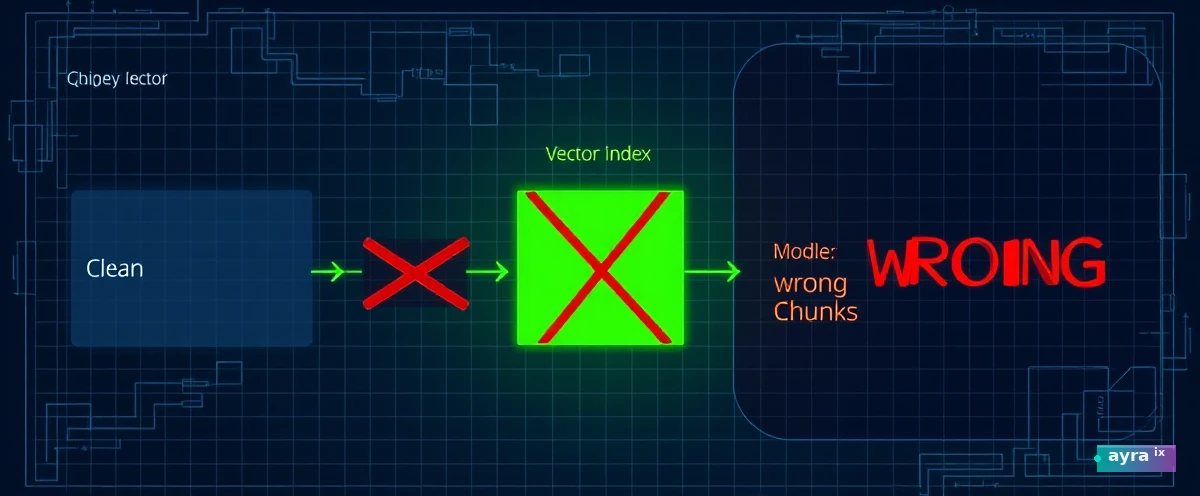 RAG failure mode: LEFT clean query vector, CENTER vector index with most chunks crossed out red, one correct chunk glowing green, RIGHT model receiving wrong chunks output marked WRONG in red. Clean technical illustration, blueprint grid, no people.