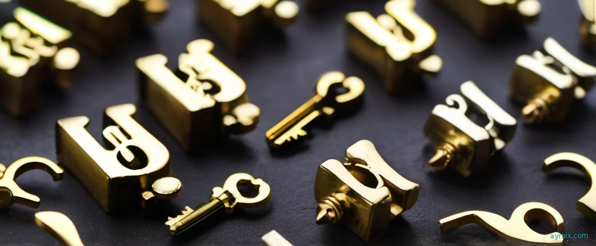 A single brass key fitting precisely into one lock among several mismatched locks on a metal surface. Warm gold lighting. Macro product photography.