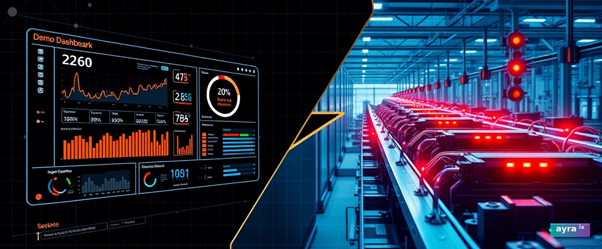 Polished demo stage with glowing metrics on left, connected to stalled industrial conveyor belt on right with frozen amber KPI warnings. The gap between demo polish and production reality.