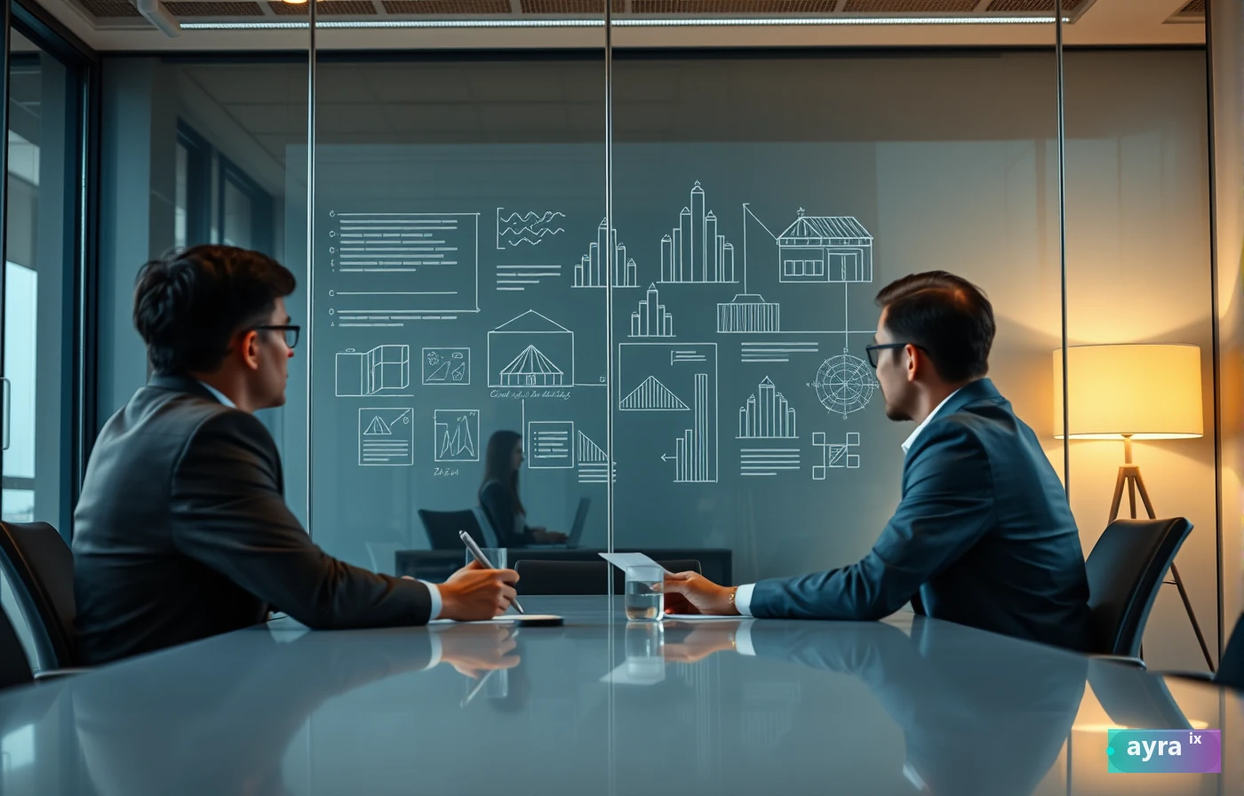 Boardroom discussion with architecture diagrams on frosted glass