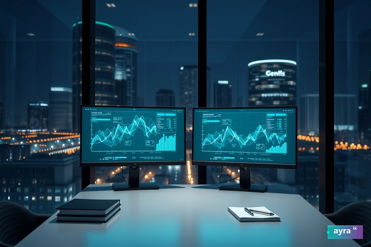 Glass office at night with monitors showing abstract network graphs