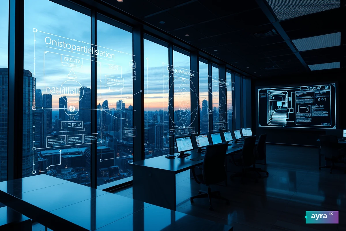 Enterprise operations center overlooking a city skyline