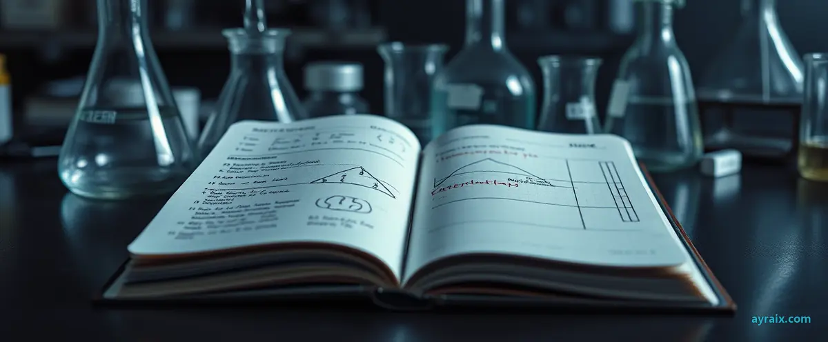 An open lab notebook with hand-drawn experiment diagrams beside glass beakers, ayraix.com