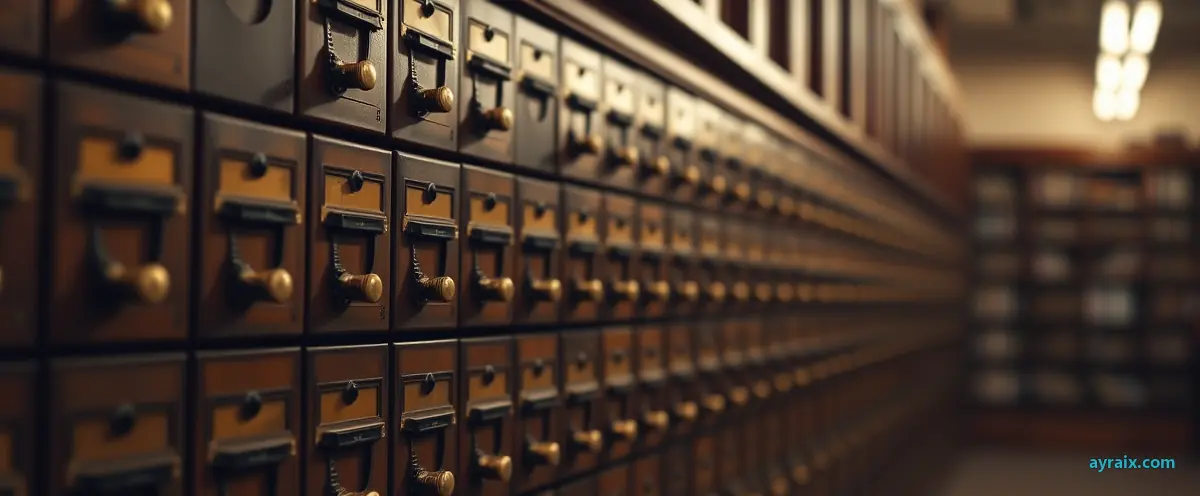 Rows of wooden library card catalogue drawers in warm dim light, ayraix.com