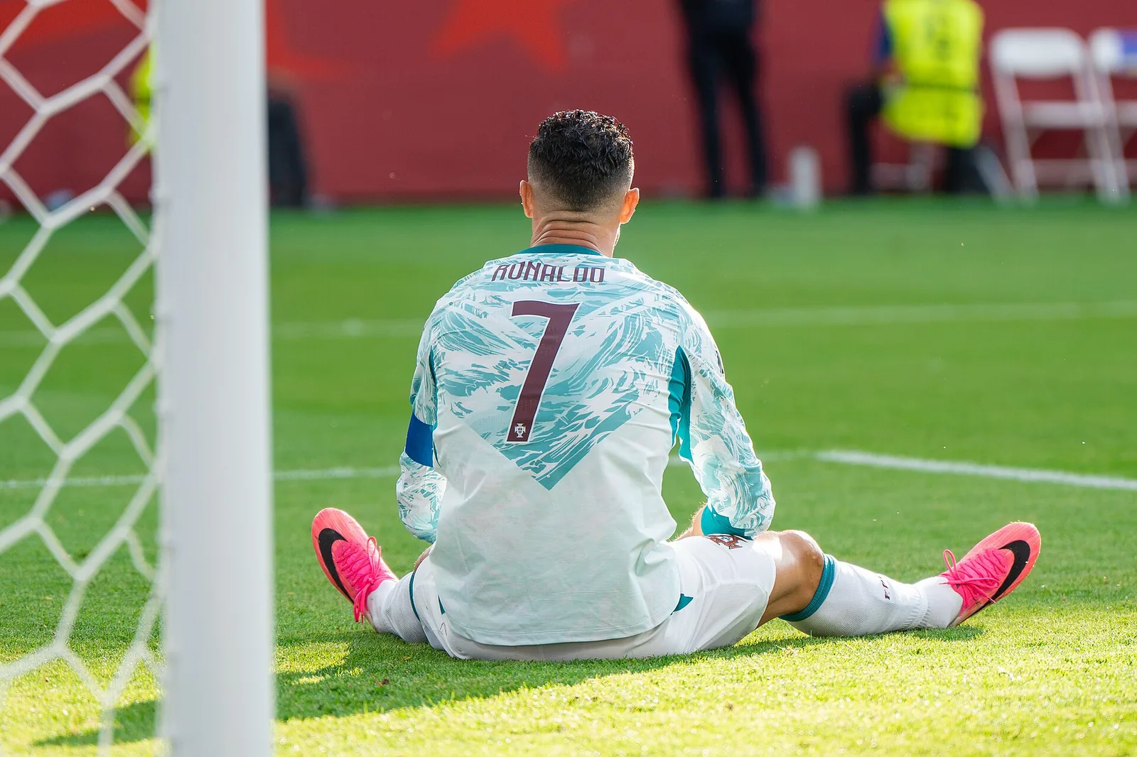Cristiano Ronaldo sitting alone on the pitch during Portugal’s 2026 World Cup match against Croatia