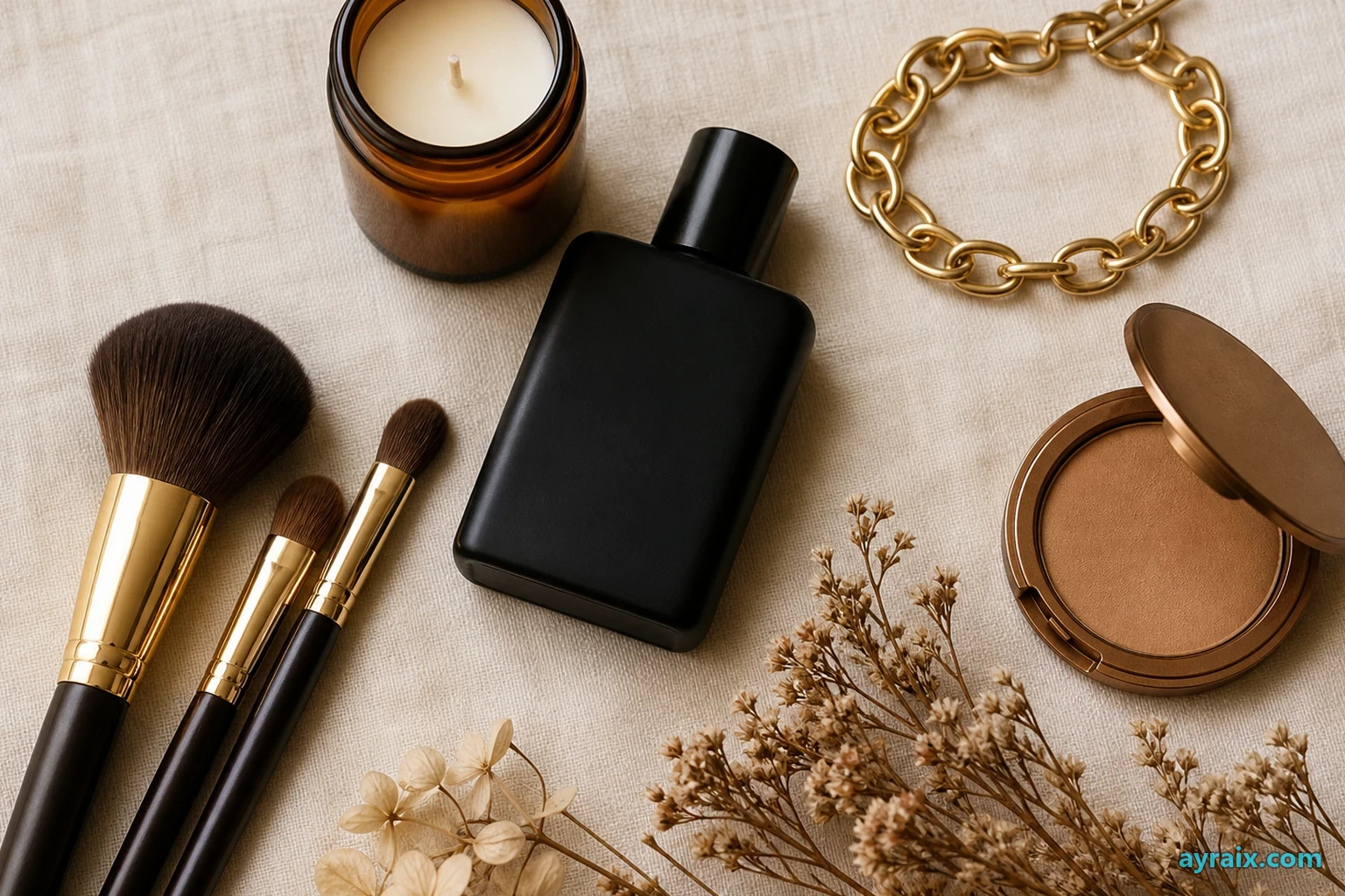 Quiet-luxury flat lay: blank black bottle, gold bracelet, makeup brushes, amber candle on linen
