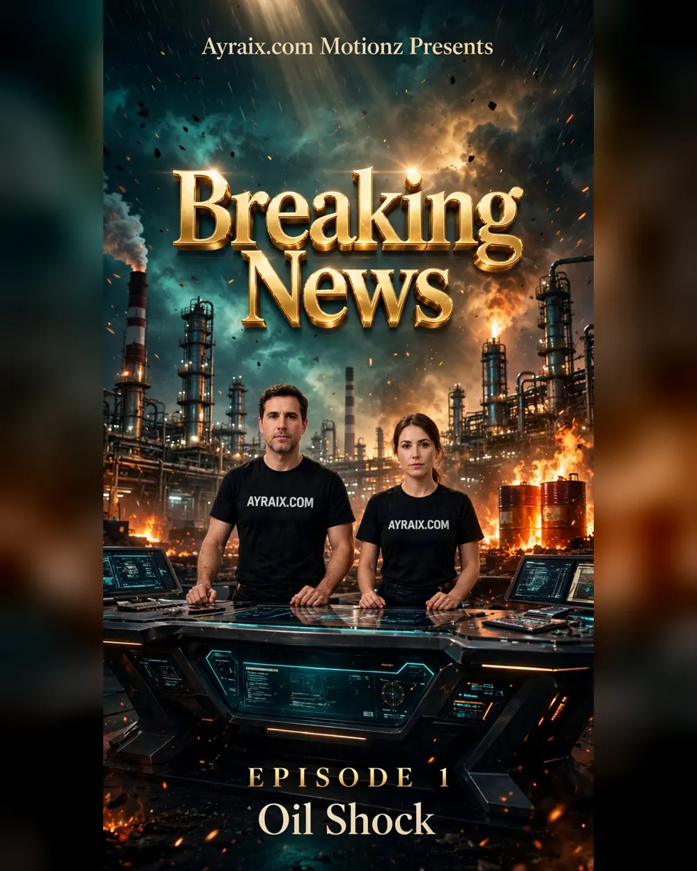 Max and Nina, the miniature newsroom anchors, standing at their broadcast desk in front of a blazing refinery