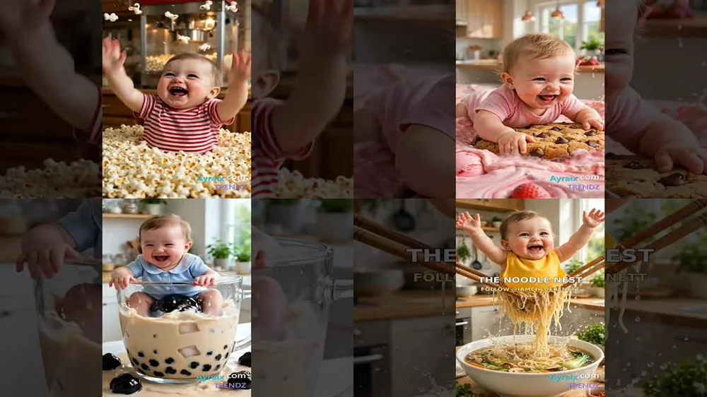 A collage of Kidz episode stills — a toddler covered in popcorn, in a giant cookie, in bubble tea, and eating noodles