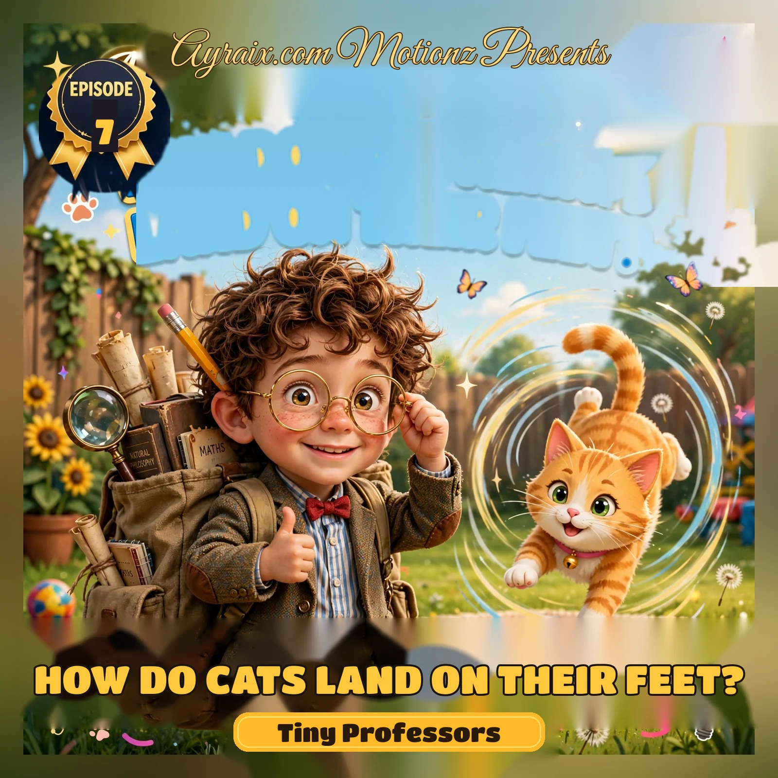 The Professor, a curious miniature scientist with round glasses and a backpack full of tools, beside a giant pencil and an apple mid-fall