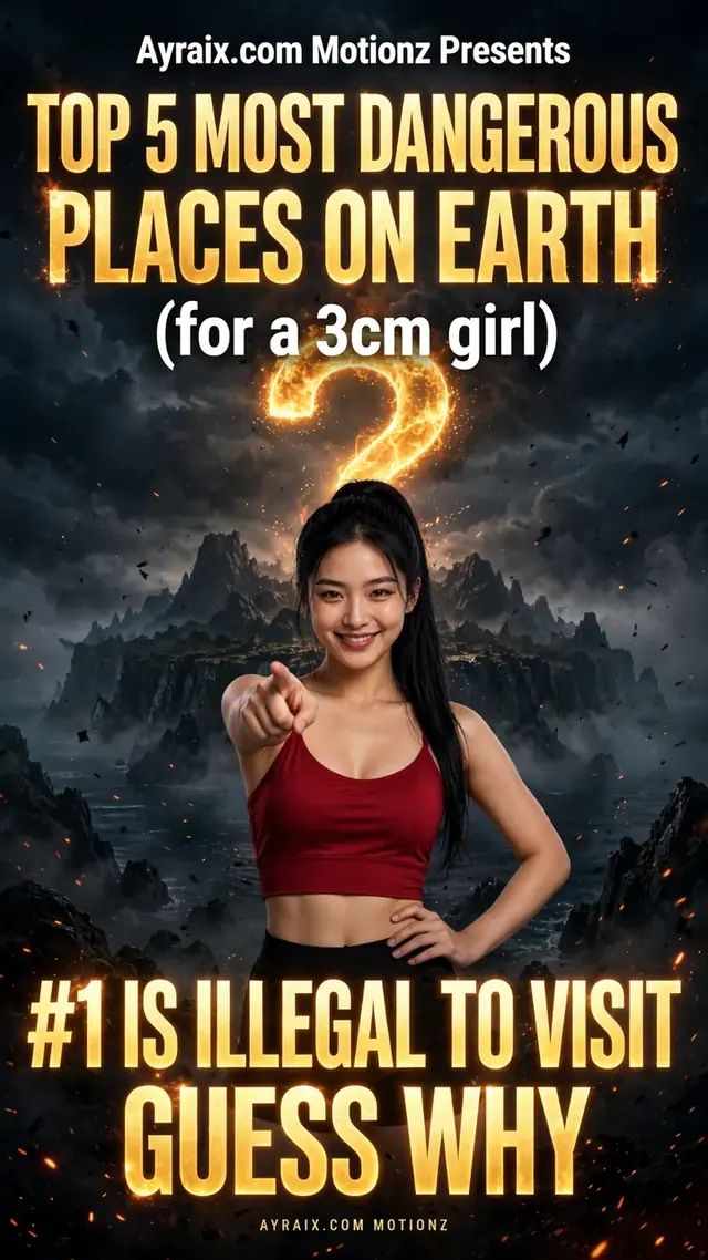 Season 2 Episode 1 poster: Zara points at the camera, hand on hip, in front of dark misty cliffs under a fiery glowing question mark — Top 5 Most Dangerous Places on Earth (for a 3cm girl). #1 is illegal to visit — guess why.
