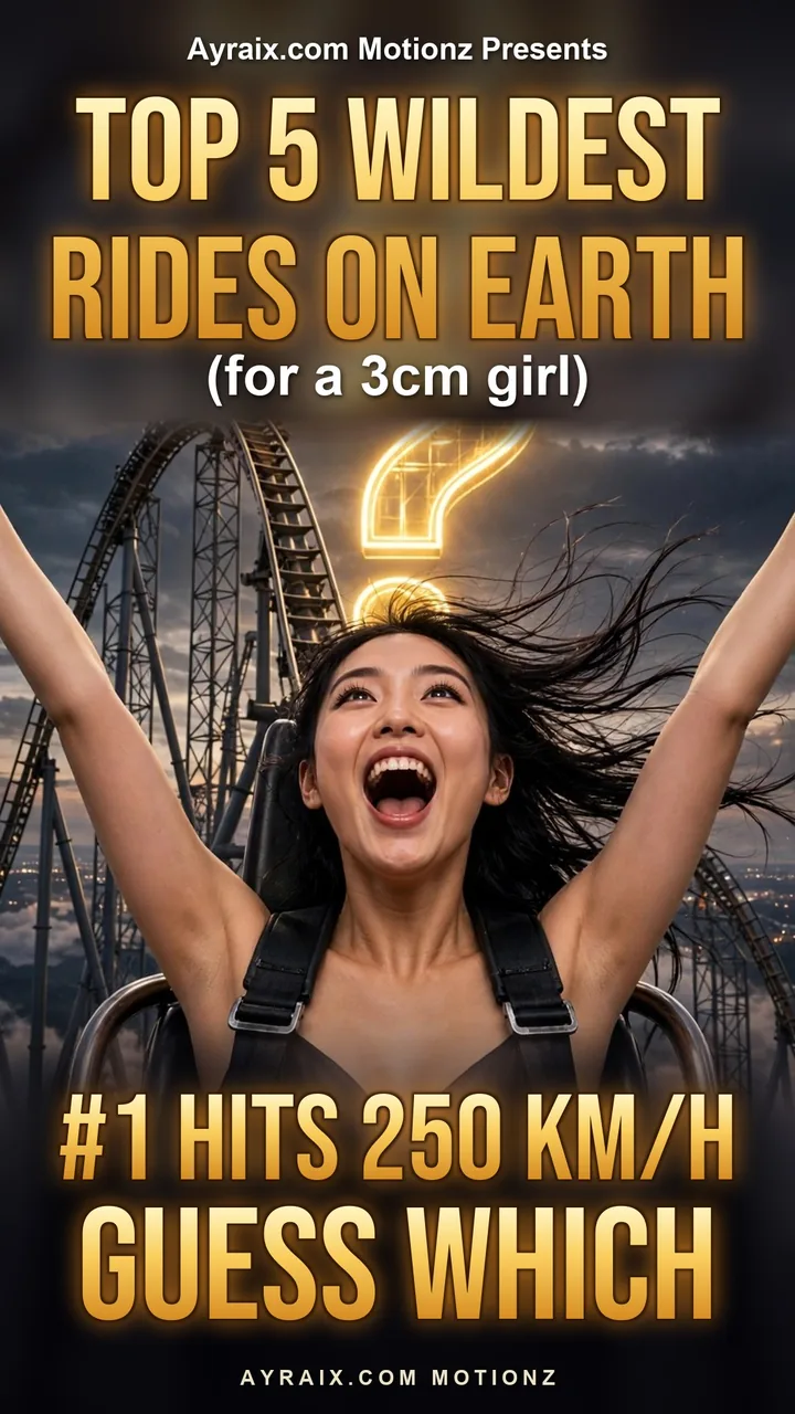 Season 2 Episode 10 poster: Zara screams with joy, arms up, in the front seat of a roller coaster high above the clouds beside a glowing question mark — Top 5 Wildest Rides on Earth. #1 hits 250 km/h. Guess which.