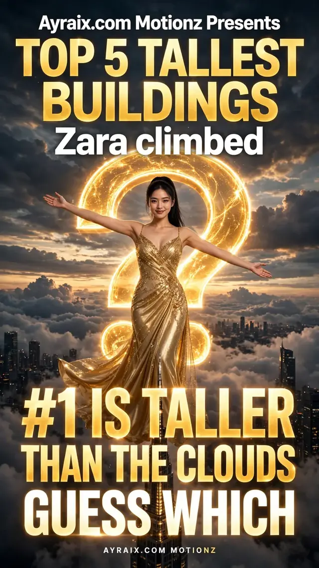 Season 2 Episode 2 poster: Zara in a shimmering gold gown, arms wide, floats above a city skyline poking through the clouds beside a glowing question mark — Top 5 Tallest Buildings Zara Climbed. #1 is taller than the clouds — guess which.