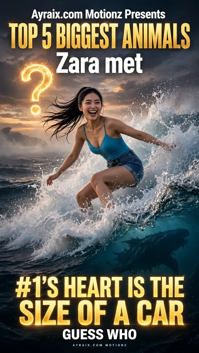 Season 2 Episode 3 poster: Zara laughs as she surfs a huge ocean wave at sunset, a giant sea creature's shadow below her and a glowing question mark above — Top 5 Biggest Animals Zara Met. #1's heart is the size of a car — guess who.