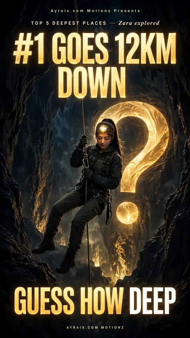 Season 2 Episode 4 poster: Zara with a headlamp abseils down a rope into a dark cave beside a glowing question mark — Top 5 Deepest Places Zara Explored. #1 goes 12km down — guess how deep.