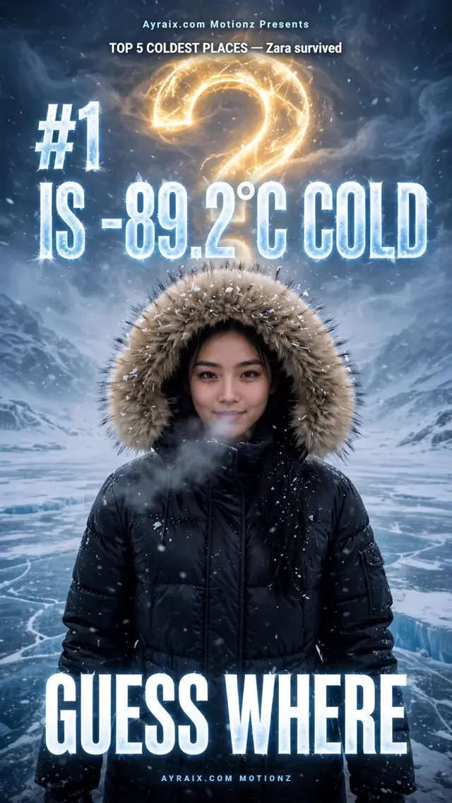 Season 2 Episode 5 poster: Zara in a fur-trimmed parka in a frozen landscape, breath steaming — Top 5 Coldest Places Zara Survived. #1 is −89.2°C cold — guess where.