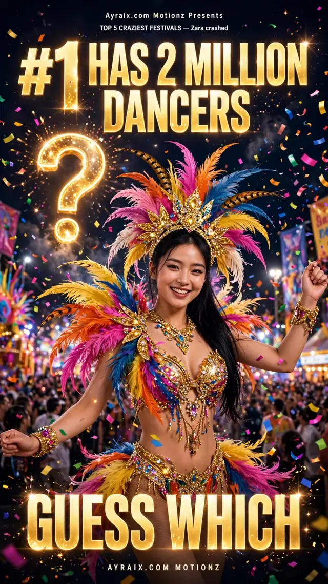 Season 2 Episode 6 poster: Zara in a feathered carnival headdress dancing in a crowd under confetti beside a glowing question mark — Top 5 Craziest Festivals. #1 has 2 million dancers — guess which.