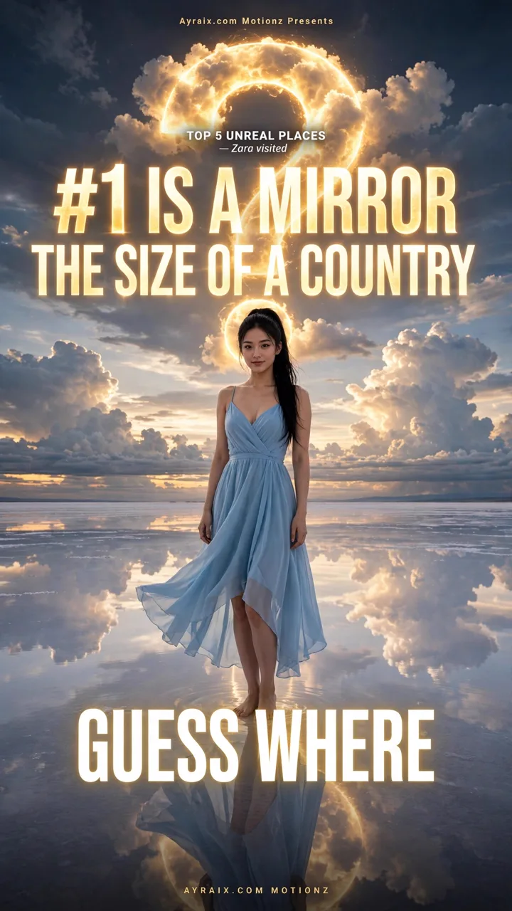 Season 2 Episode 7 poster: Zara in a flowing blue dress stands on a mirror-like salt flat reflecting the clouds under a glowing question mark — #1 is a mirror the size of a country. Guess where.