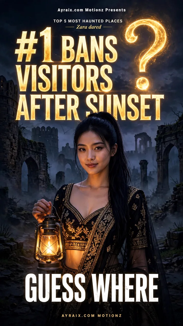 Season 2 Episode 8 poster: Zara holds an old lantern in front of dark fort ruins beside a glowing question mark — #1 bans visitors after sunset. Guess where.