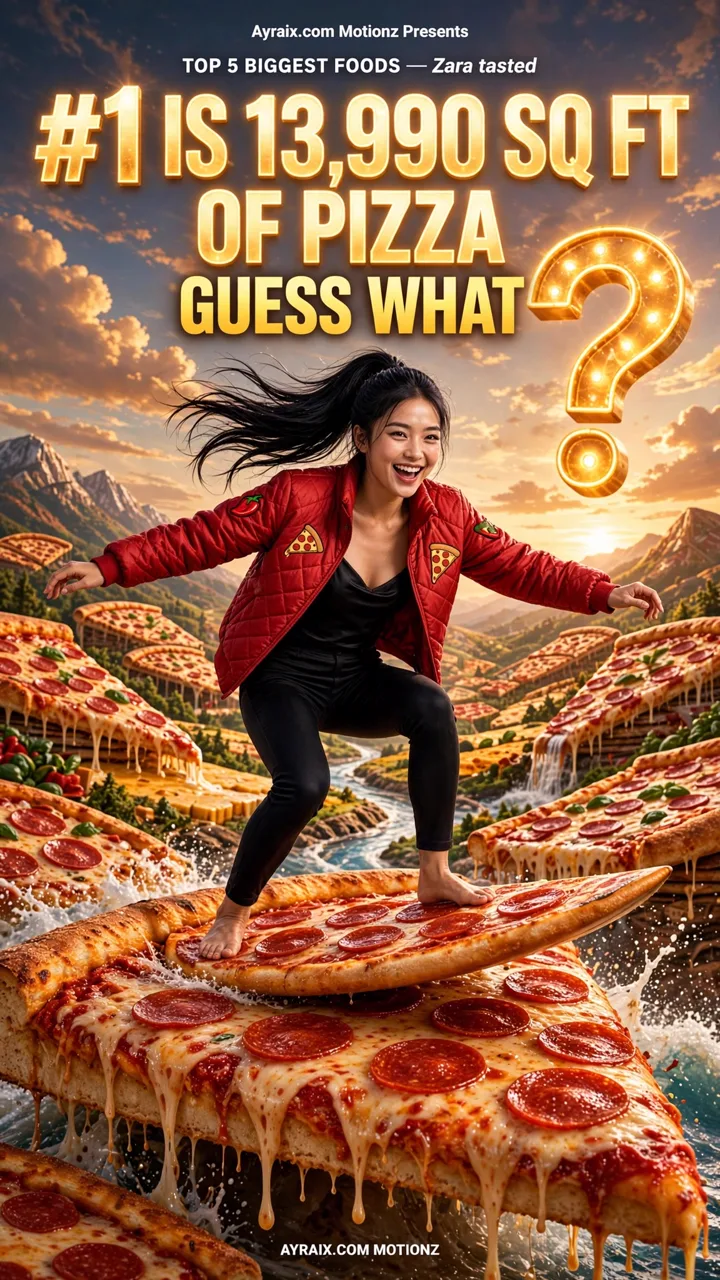 Season 2 Episode 9 poster: Zara in a red jacket surfs a giant pepperoni pizza slice down a river of pizza beside a glowing question mark — #1 is 13,990 sq ft of pizza. Guess what.