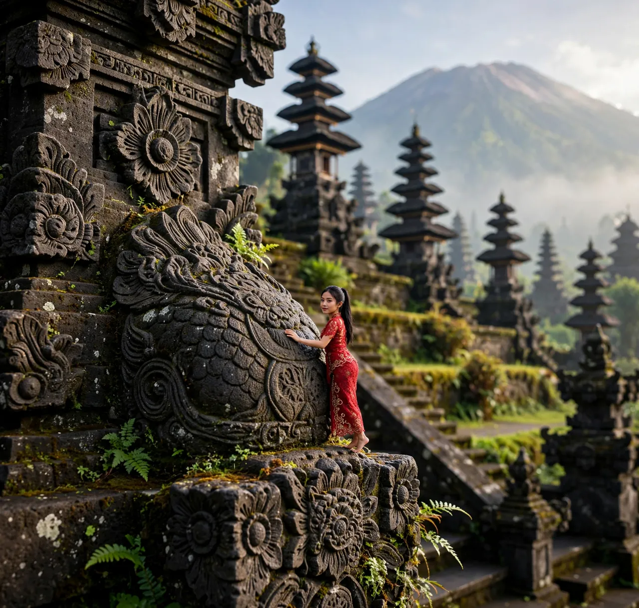 Tiny Zara on the stone steps of Besakih with Mount Agung behind