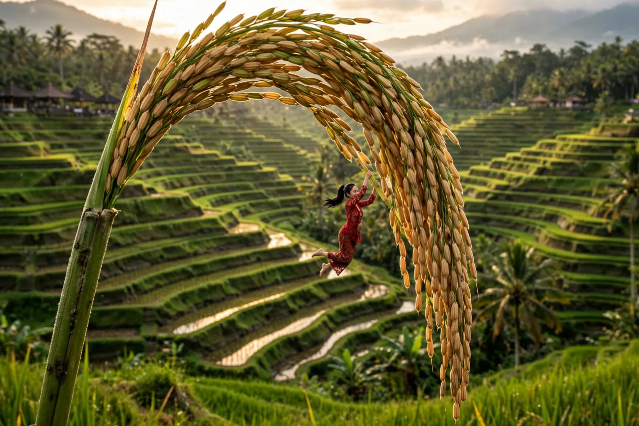 Tiny Zara under an arching rice stalk at the Jatiluwih terraces