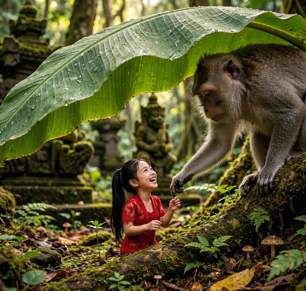 Tiny Zara under a leaf with a monkey in the Ubud Monkey Forest
