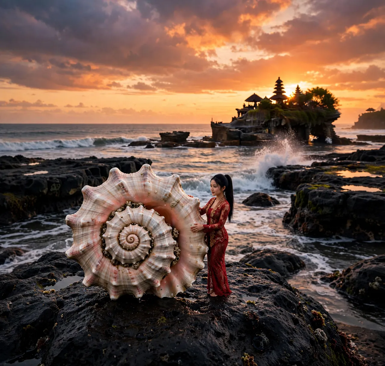 Tiny Zara on a giant seashell at Tanah Lot at sunset