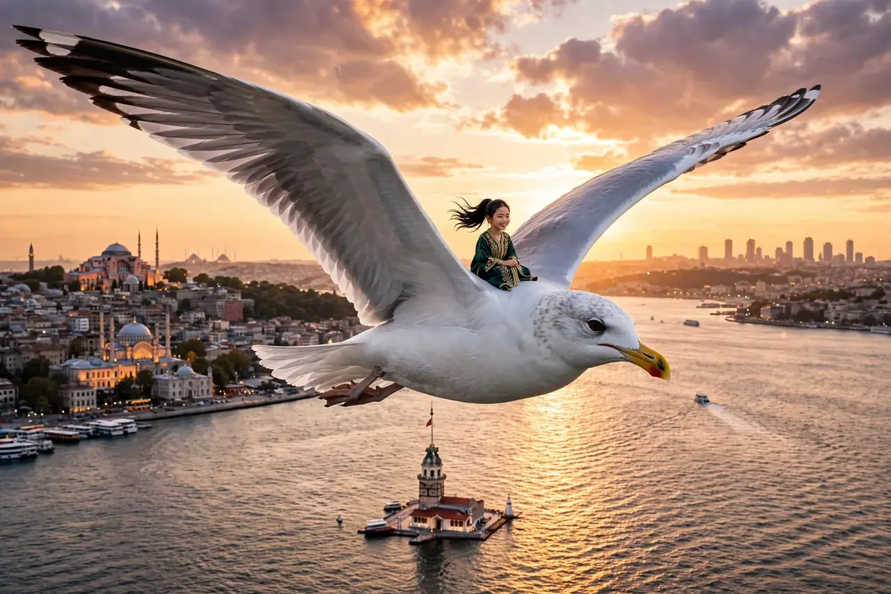 Tiny Zara riding a seagull above ferries on the Bosphorus
