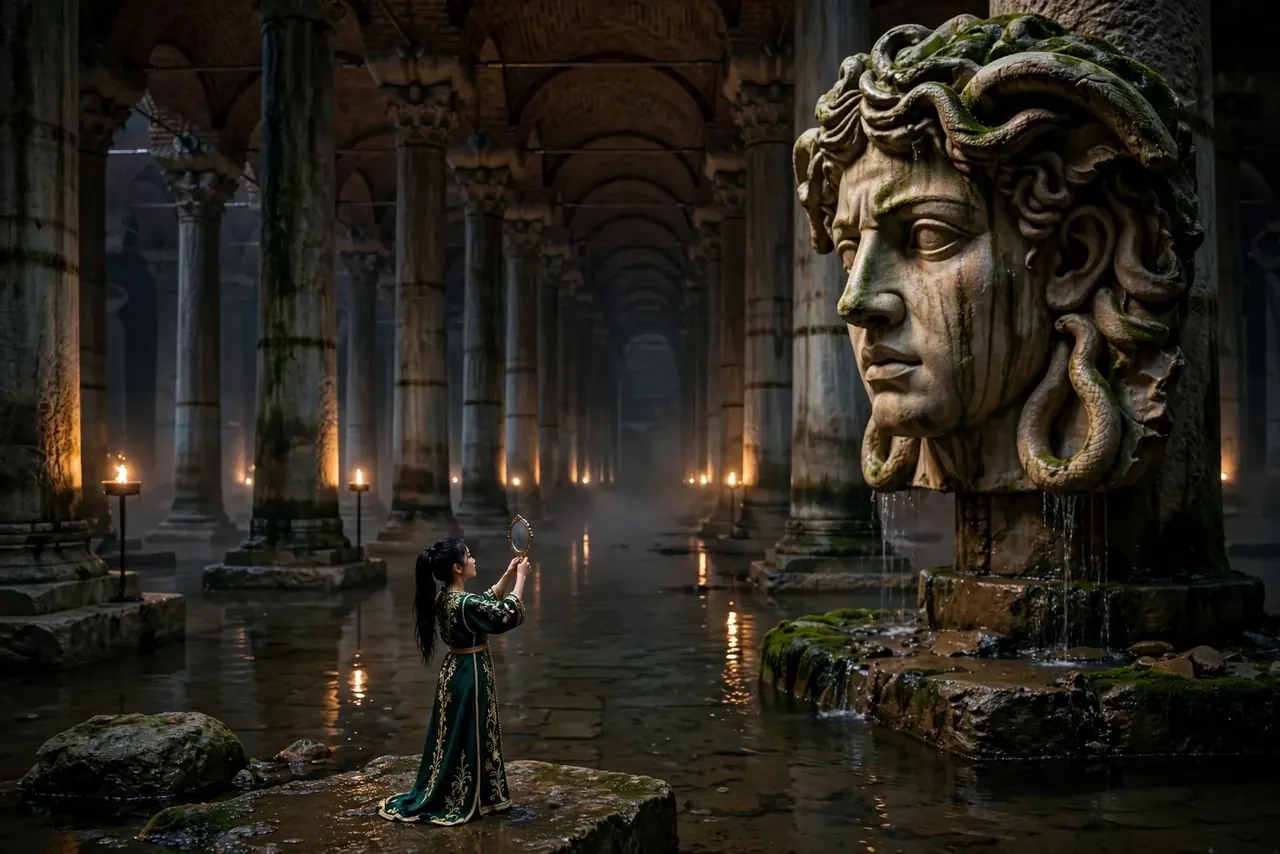 Tiny Zara holding a tiny mirror up to the giant Medusa head in the Basilica Cistern
