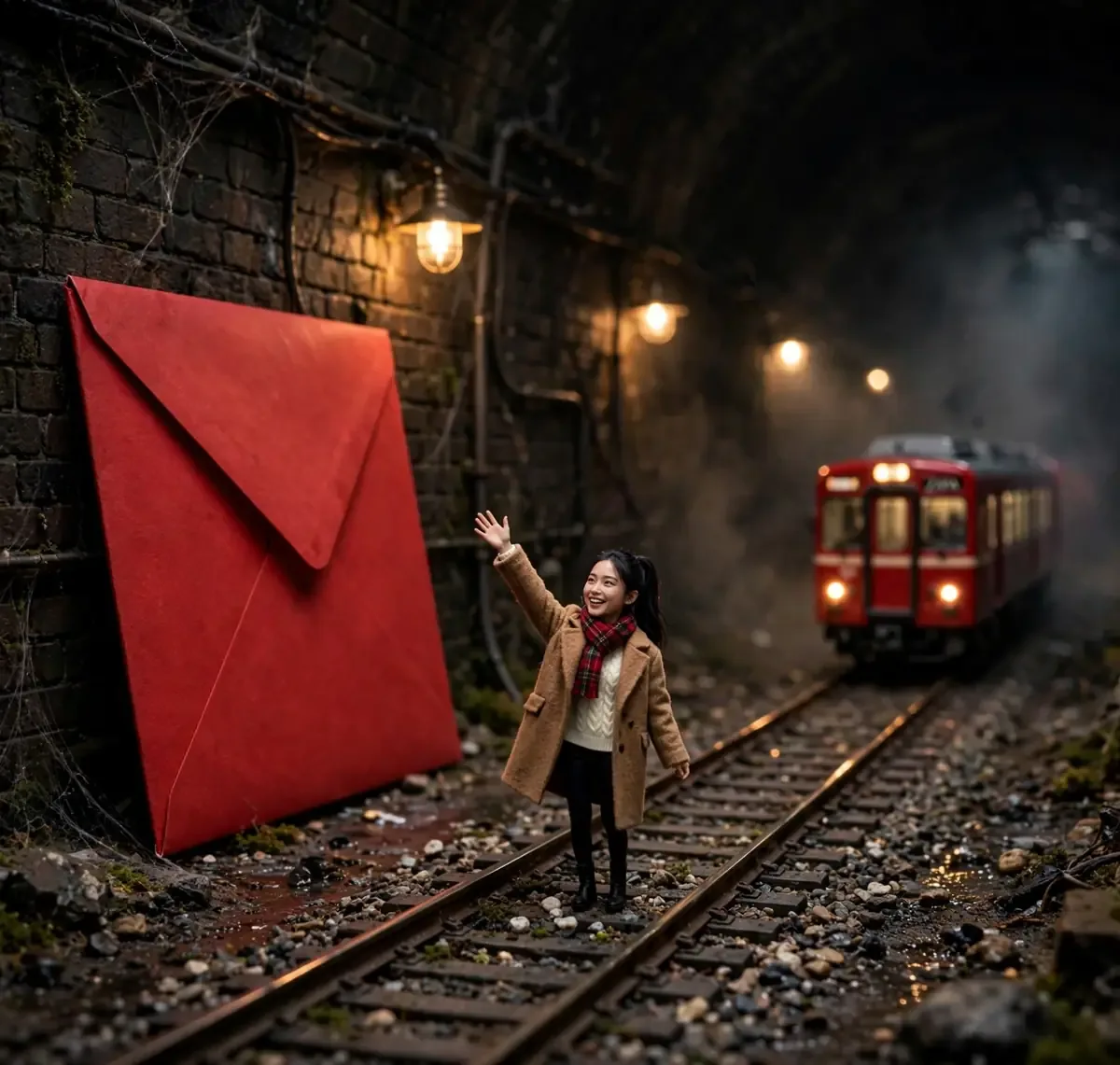 Tiny Zara with a magnifying glass in the brick Mail Rail tunnel, a tiny mail train approaching