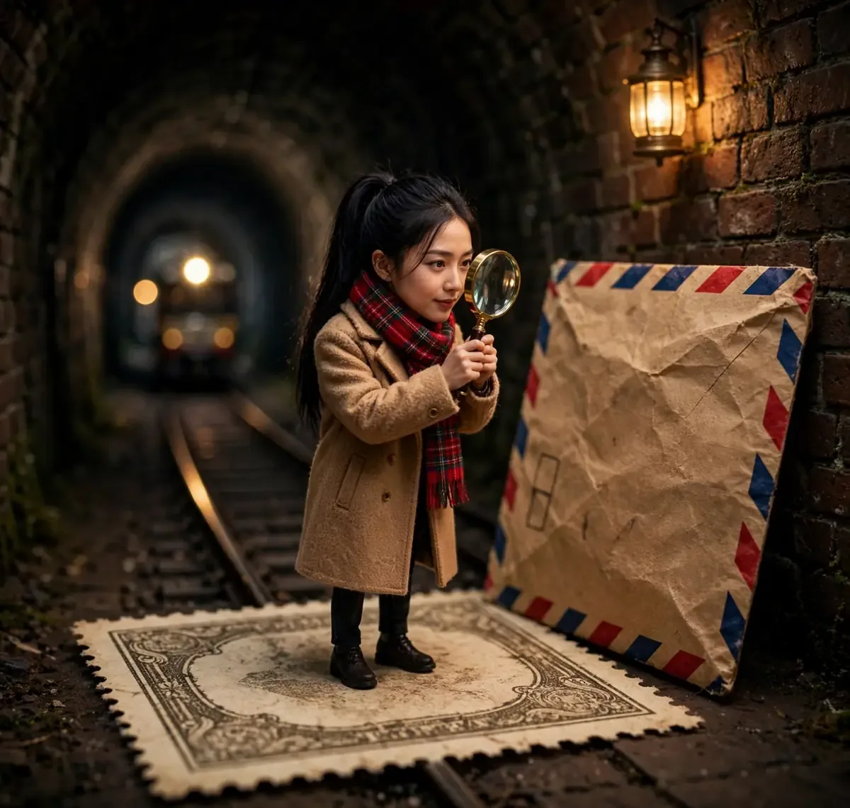 Detective Zara examining a giant vintage postage stamp and airmail envelope with a magnifying glass