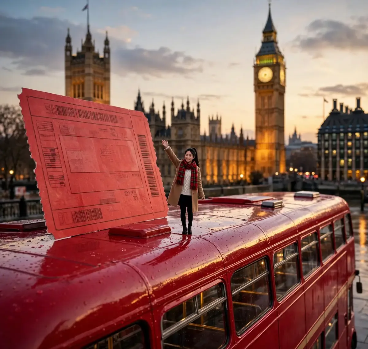 Tiny Zara in a camel coat and tartan scarf waving from the roof of a red double-decker bus, Big Ben behind, a giant red bus ticket beside her