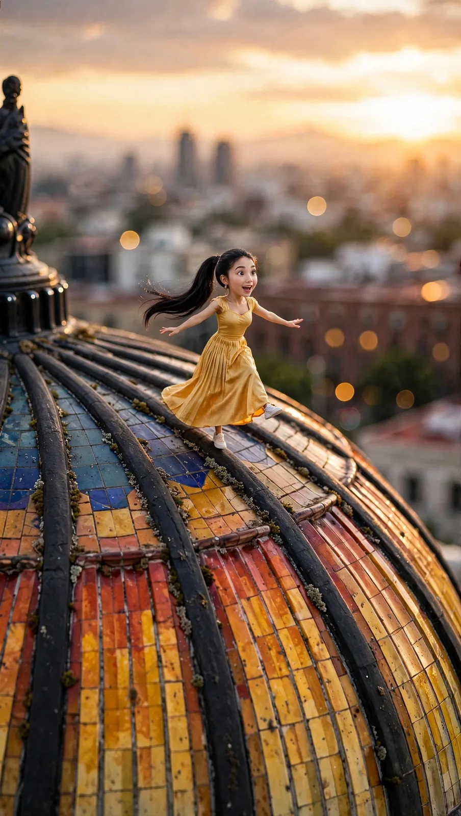 Tiny Zara dancing on the tiled dome of the Palacio de Bellas Artes