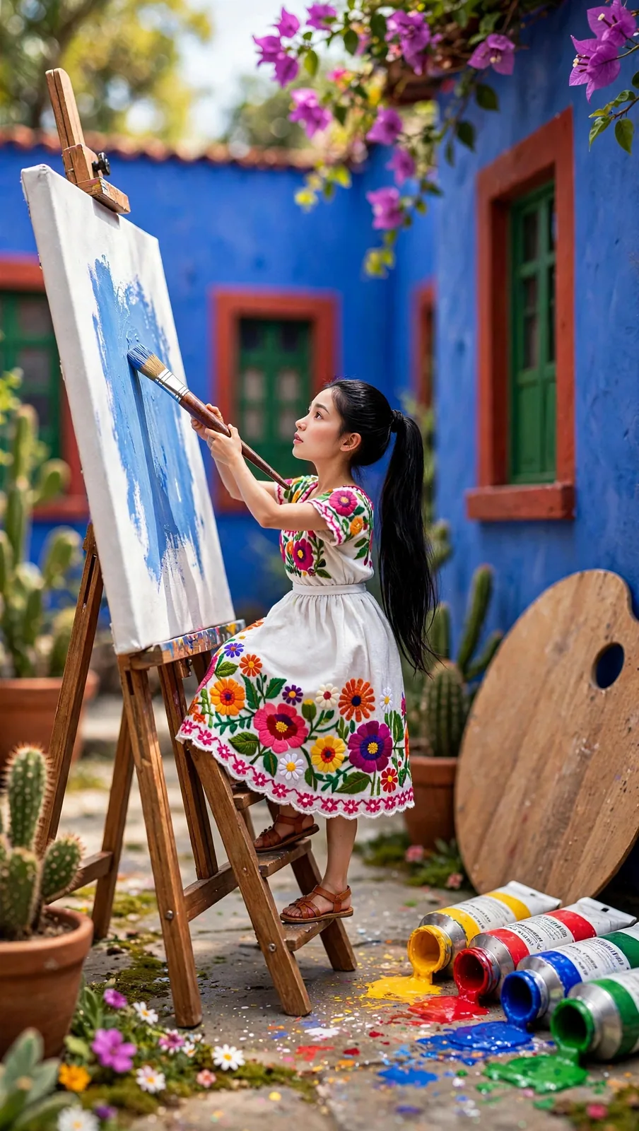 Tiny Zara painting at an easel in Frida Kahlo's Casa Azul