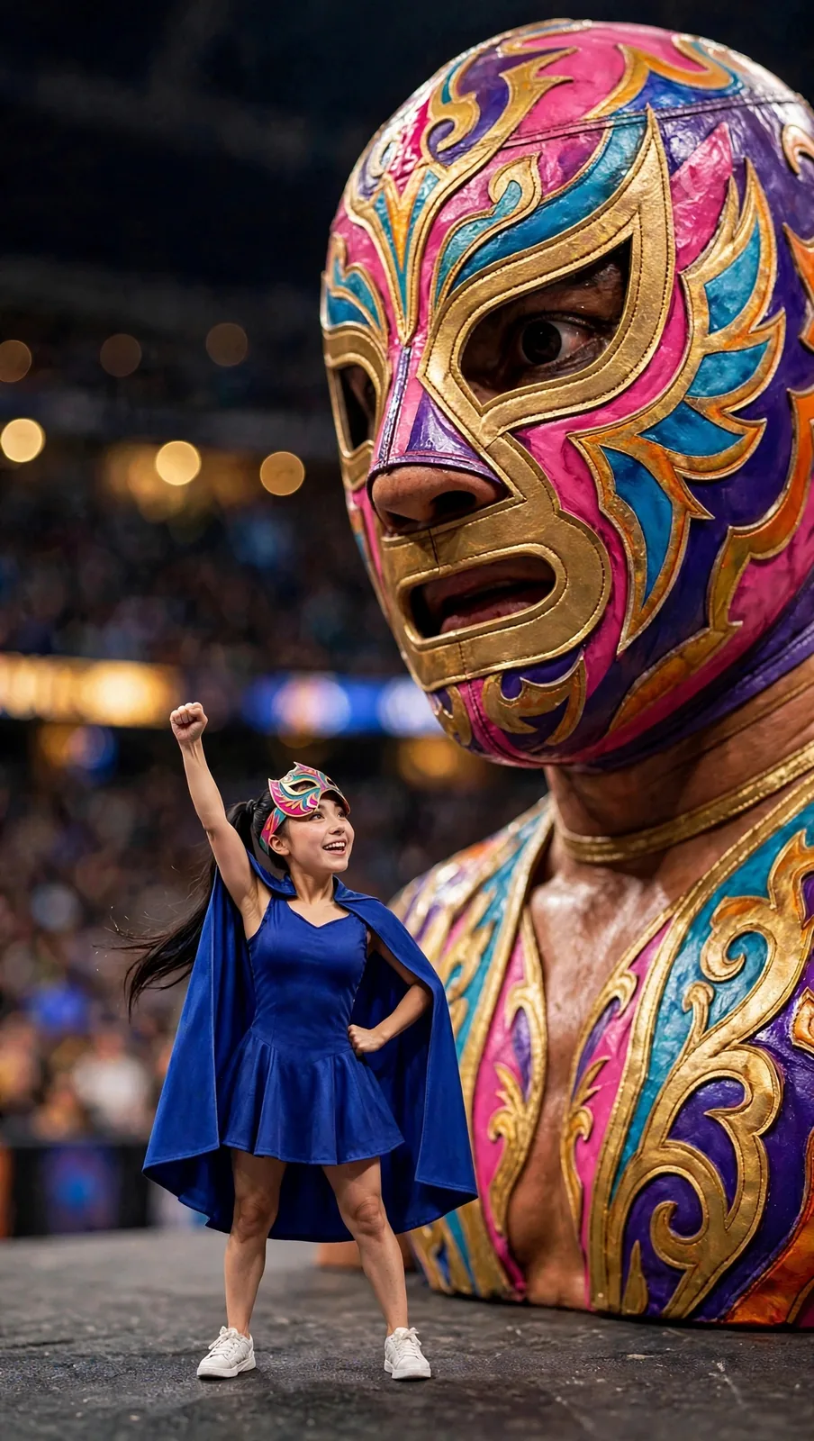 Tiny Zara in a cape beside a giant luchador mask