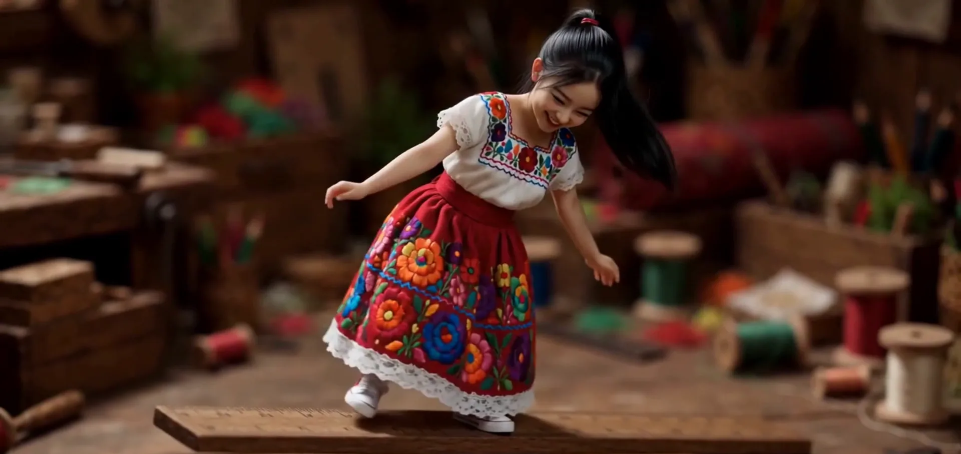 Tiny Zara dancing on a craftsman's workbench