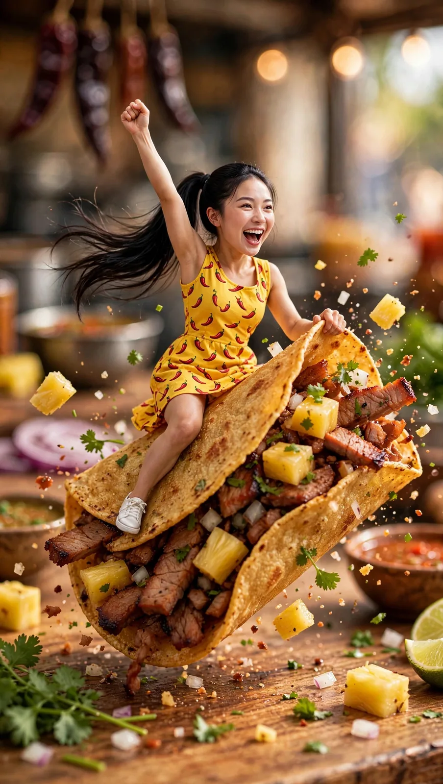 Tiny Zara riding a giant taco al pastor