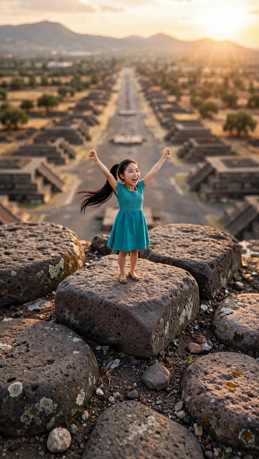 Tiny Zara with arms wide on the pyramids of Teotihuacan