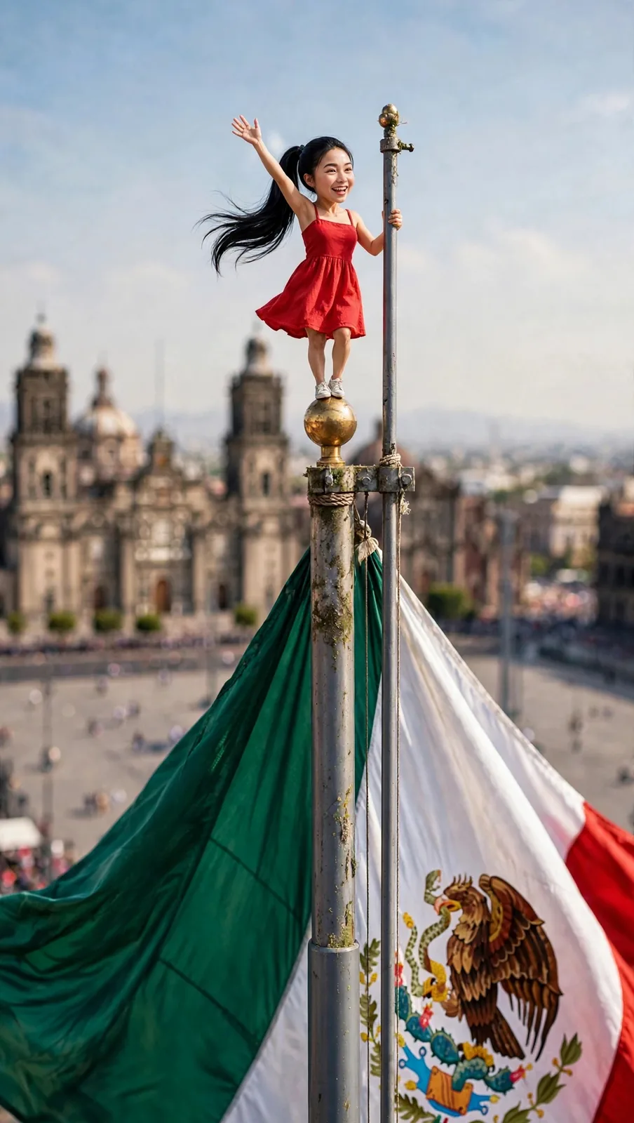 Tiny Zara on top of the flagpole at the Zócalo with the Metropolitan Cathedral behind her
