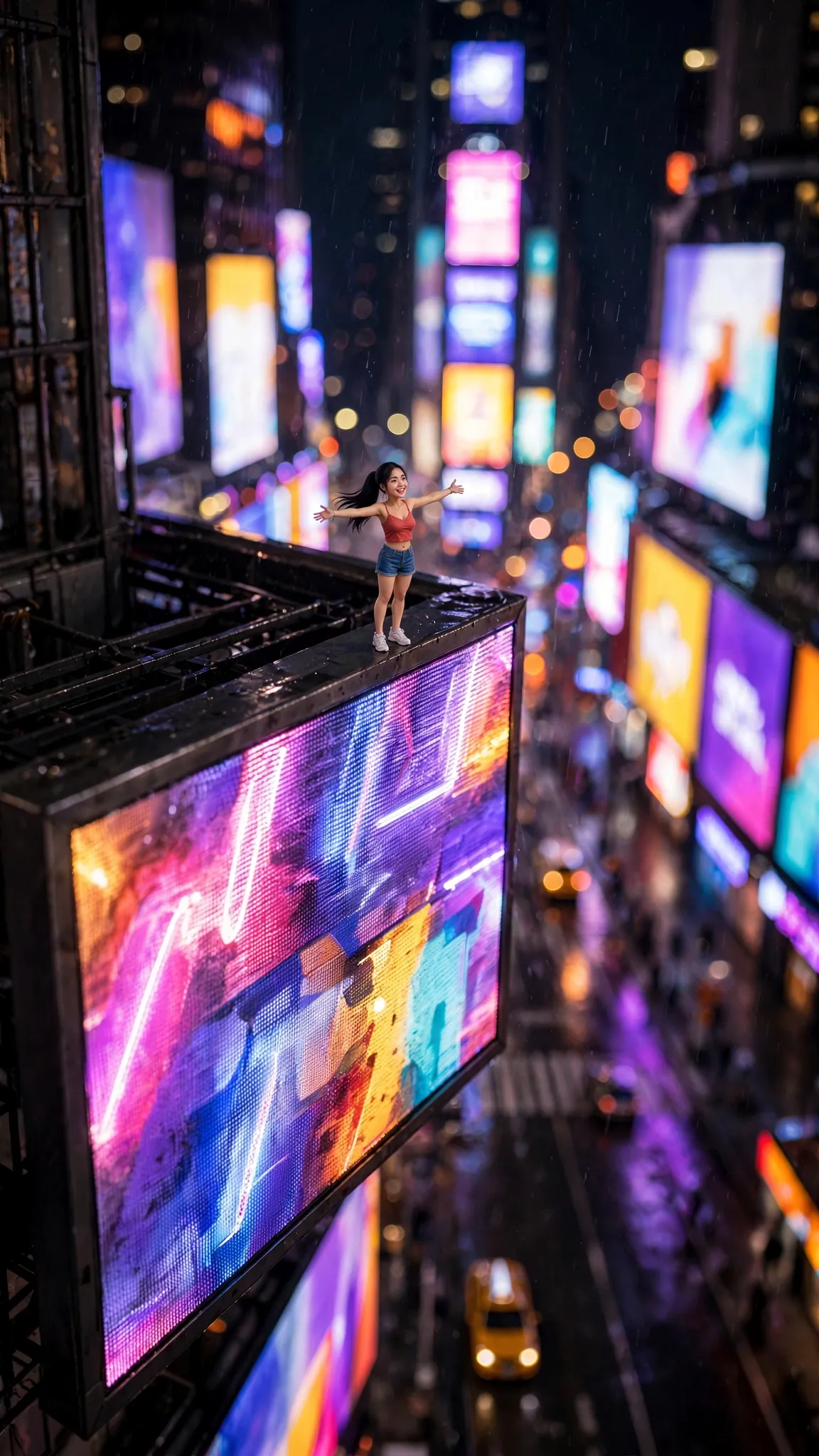Tiny Zara standing with her arms wide on the edge of a glowing Times Square billboard at night