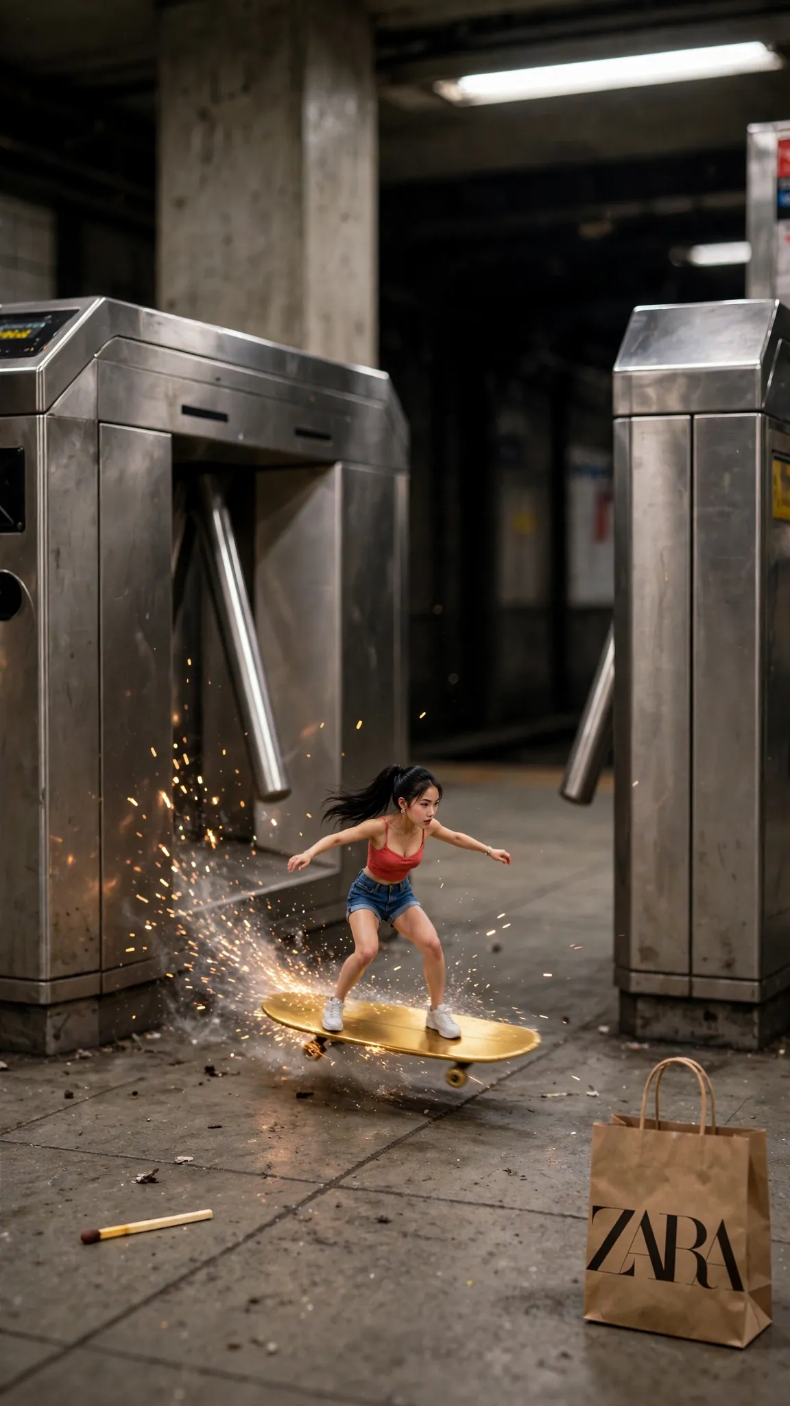 Tiny Zara surfing through a New York subway turnstile