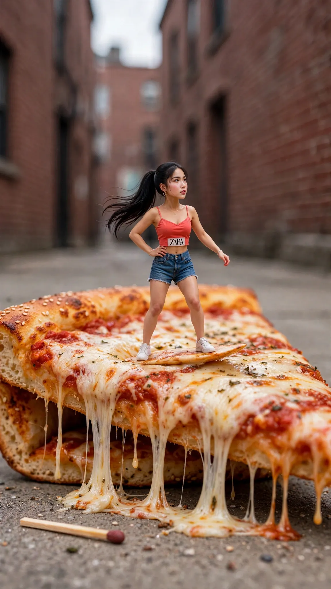 Tiny Zara surfing on a giant New York pizza slice